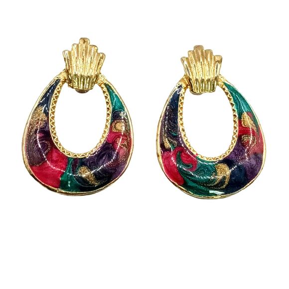 💫 Vintage Teardrop Swirl Earrings 💜 Gold Tone Multicolor Retro Hoop - Picture 3 of 12